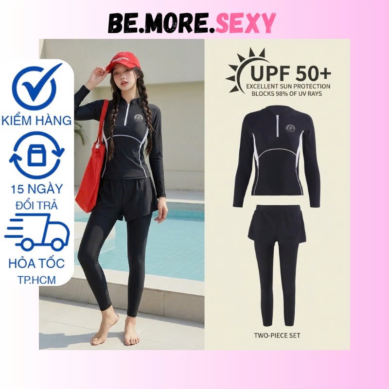 Đồ bơi kín đáo nữ chống nắng cao cấp phong cách Hàn Quốc đen short dài | BigBuy360 - bigbuy360.vn