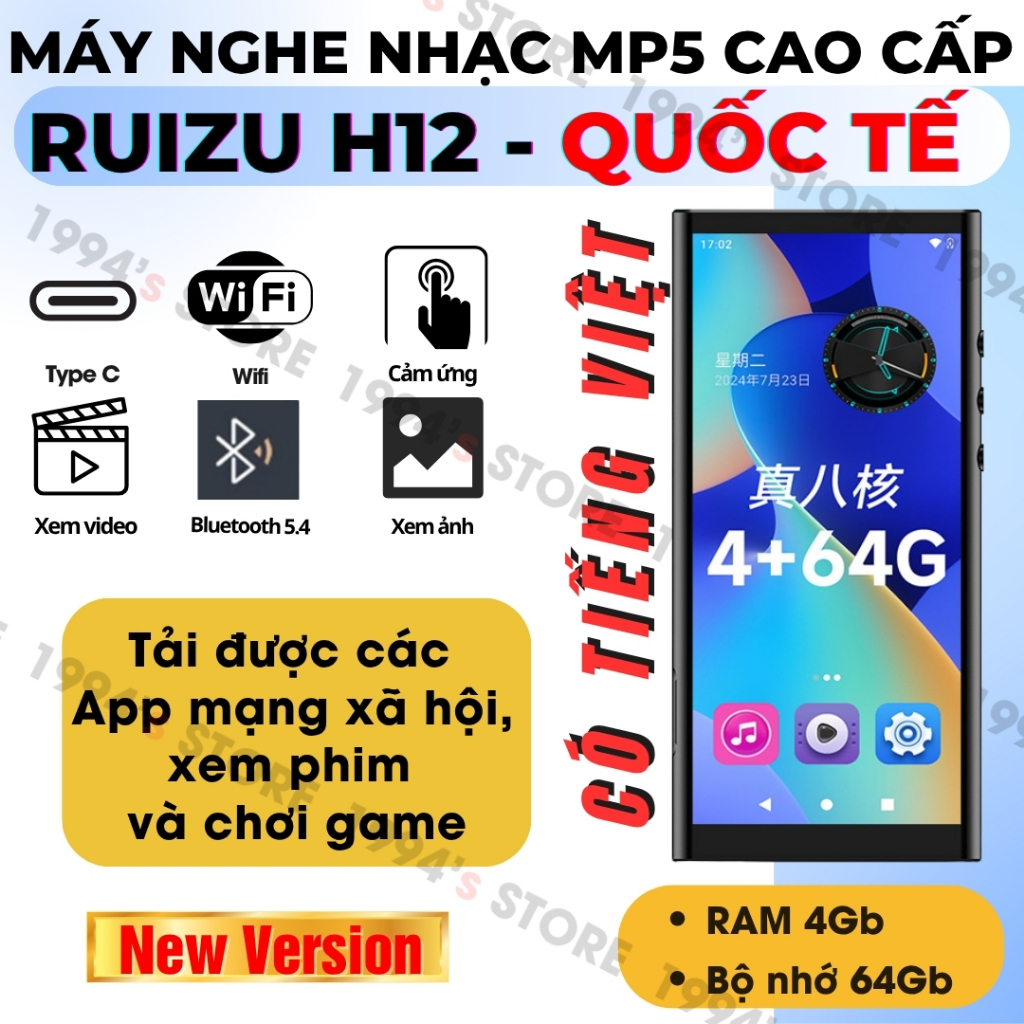 NEW VERSION Ruizu H12 Máy Nghe Nhạc Android MP3/MP4/MP5 - Có Tiếng Việt- CÓ WiFi/Bluetooth
