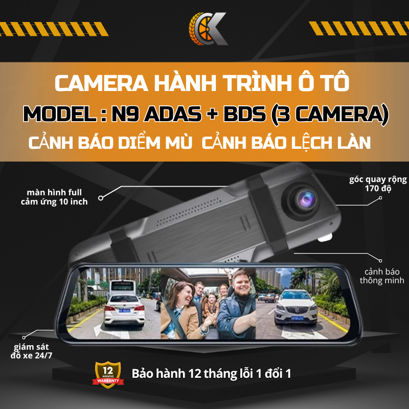Camera hành trình ô tô N9 CARLOVER 3 mắt, Hỗ trợ ghi hình đêm, Cảnh báo điểm mù, Cảnh báo làn đường,
