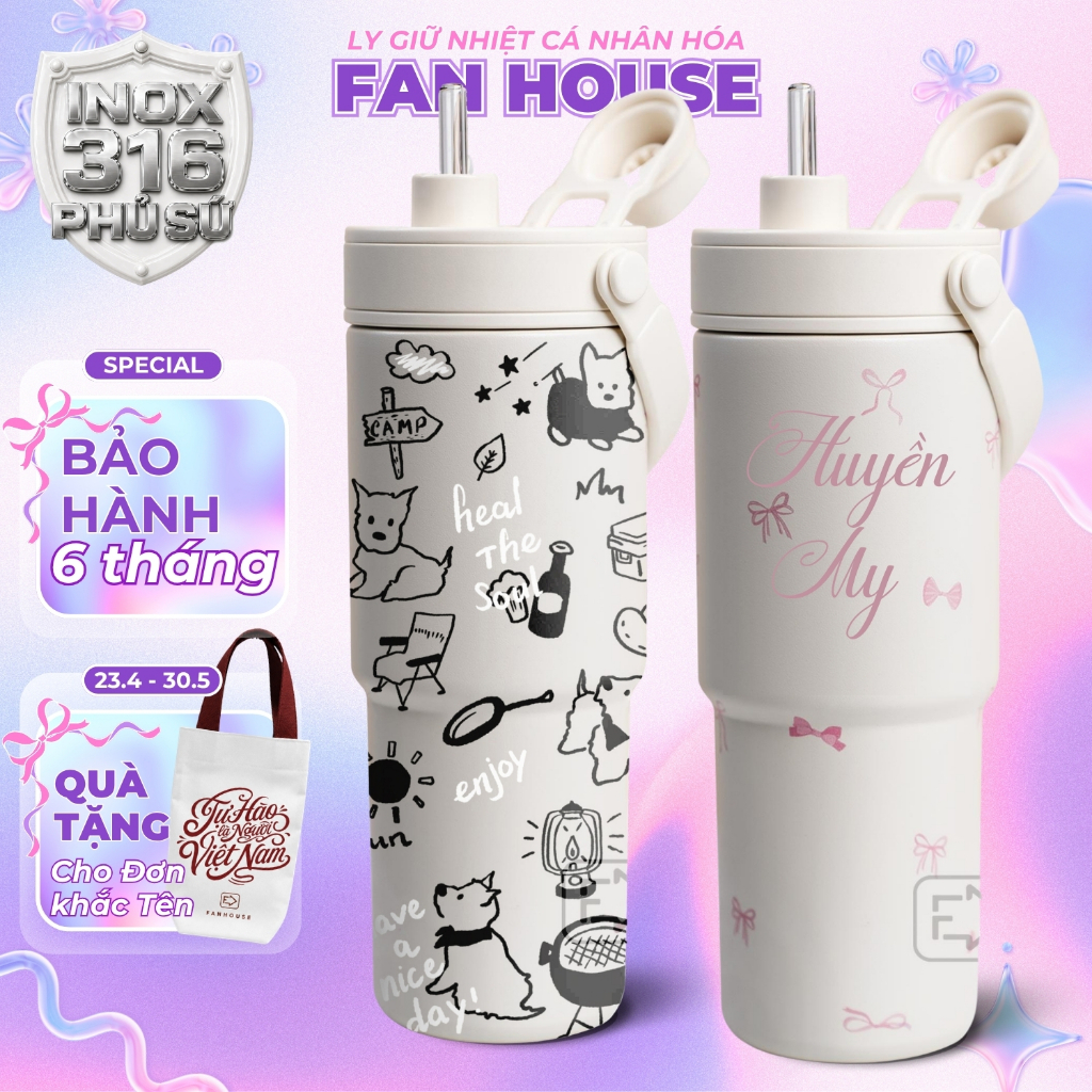 Ly giữ nhiệt Simply Inox 316 cao cấp 735ml lõi phủ sứ cốc giữ nhiệt Fan House có ống hút, quai xách