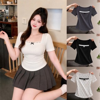 Áo Thun Nữ Tay Ngắn Cổ Vuông Phối Ren Dễ Thương Vải Thun Gân Co Giãn (CÓ BIGSIZE) G173