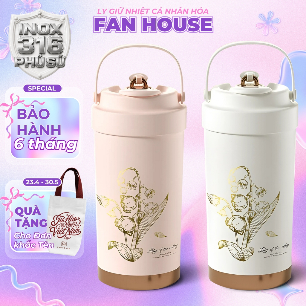 Ly giữ nhiệt Lily inox 316 lõi tráng Sứ, cốc giữ nhiệt 500ml Fan House khắc tên theo yêu cầu