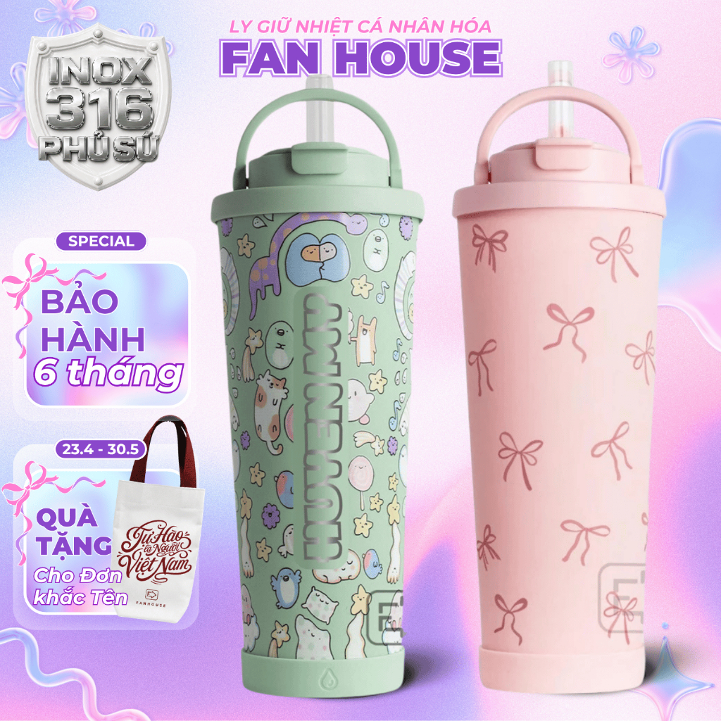 Ly giữ nhiệt cao cấp Pastel v2 850ml hút trà sữa trân châu bình giữ nhiệt 16h Fan House inox 304