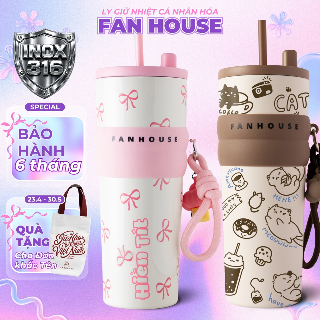 Ly giữ nhiệt cao cấp Candy inox 316 cốc nước giữ nhiệt thể thao 710ml Fan House có charm 3D khắc tên