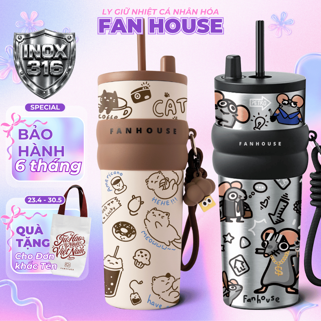 Ly giữ nhiệt cao cấp Candy inox 316 cốc nước giữ nhiệt thể thao 710ml Fan House khắc tên, charm 3D