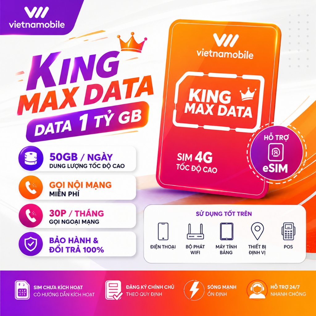 Sim 4G 50GB/Ngày Vietnamobile – KING MAX DATA – 30P ngoại mạng, Hỗ trợ eSIM