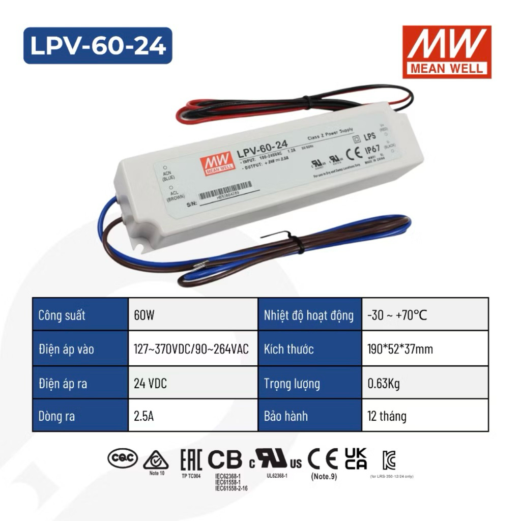 [CHÍNH HÃNG] Nguồn Led 24V công suất 60W MEANWELL LPV-60-24, nguồn cấp cho đèn LED gia đình