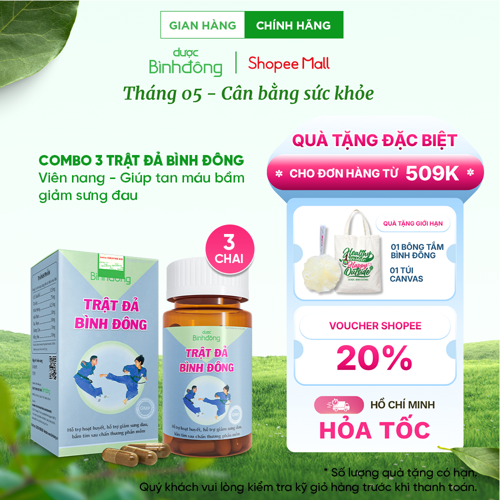 Combo 3 hộp Trật Đả Bình Đông của Dược Bình Đông - Giúp tan máu bầm, giảm sưng - hộp 60 viên nang