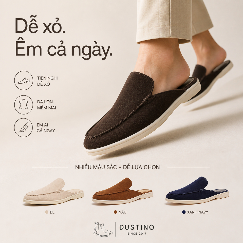 Shallow Slipper Da Lộn Đế Bệt, Giày Sục Nam Đế Bệt Da Thật Nâu Be Dustino