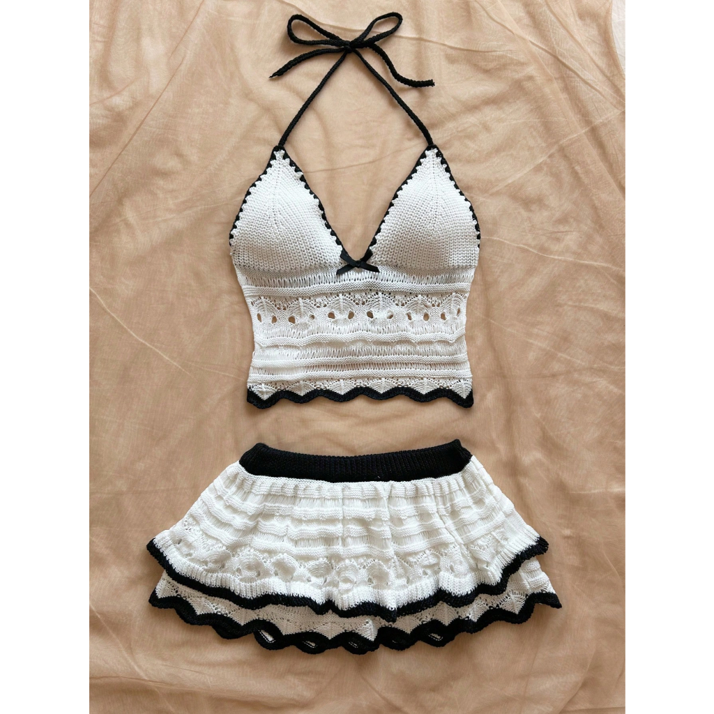 Set 2 món áo yếm hở lưng + váy ngắn nữ – outfit đi biển, festival boho sexy mùa hè