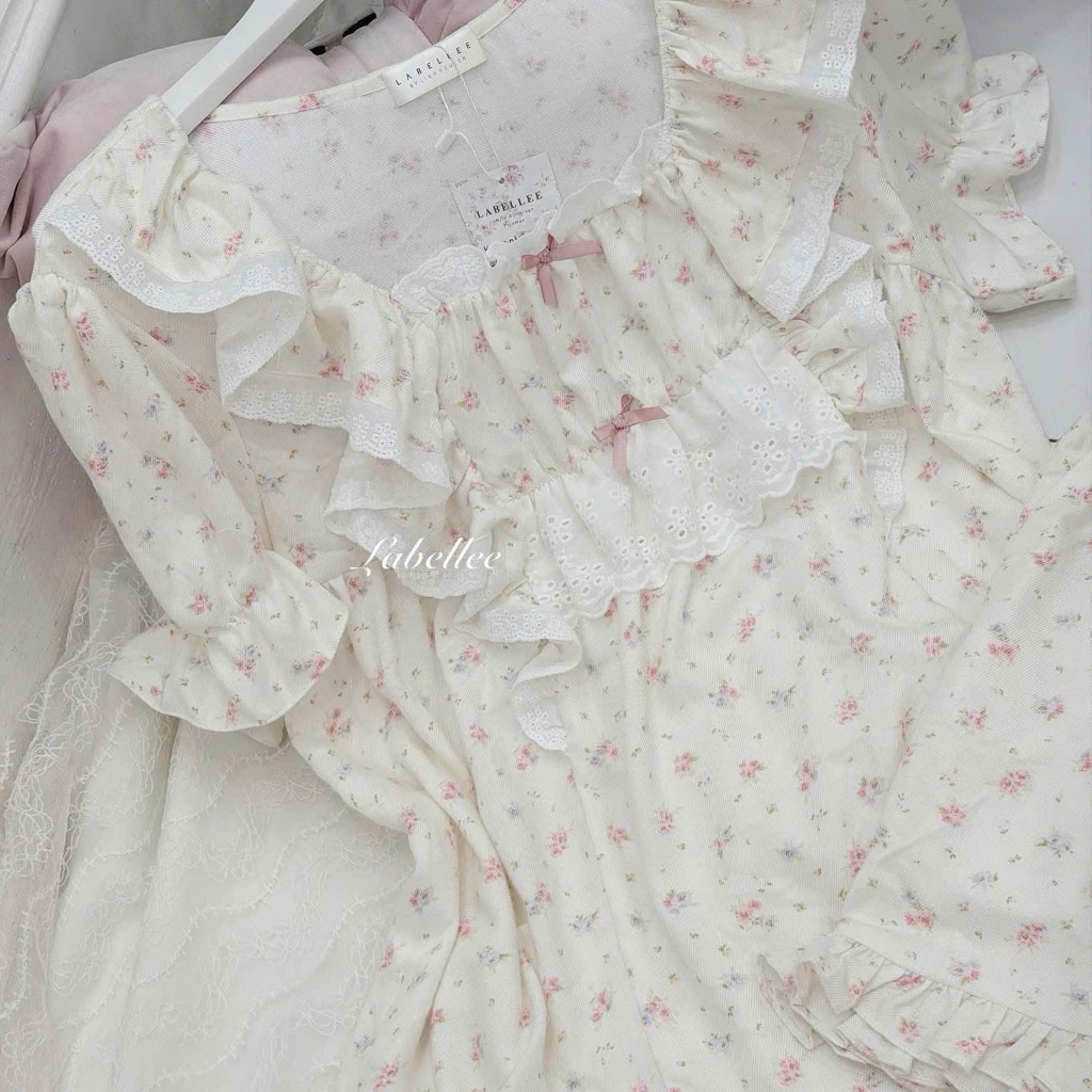 Bộ đồ ngủ ngắn tay họa tiết hoa nhí viền ren Labellee cotton mềm cao cấp, dễ thương