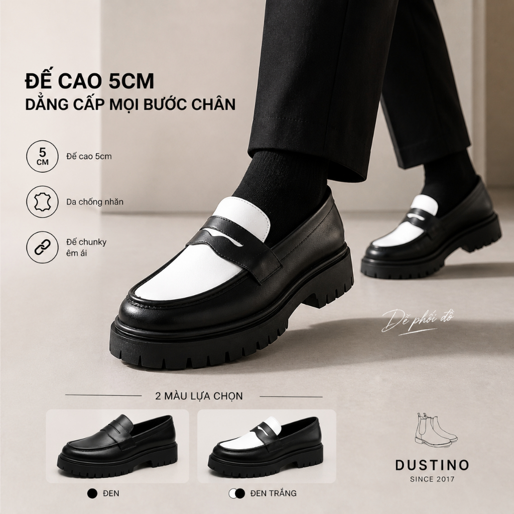 (Lùi 1 size) Giày Penny Chunky Loafer Black White giá rẻ, giày lười nam Local Shoes kiểu dáng Modern
