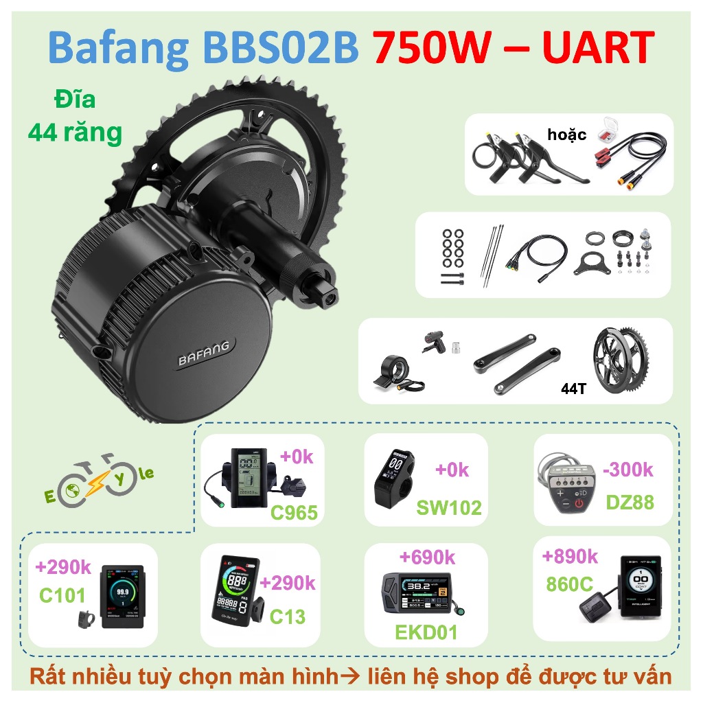 Bộ Kit nâng cấp xe đạp điện trợ lực trục giữa - ebike mid drive motor Bafang BBS02B 48V 750W