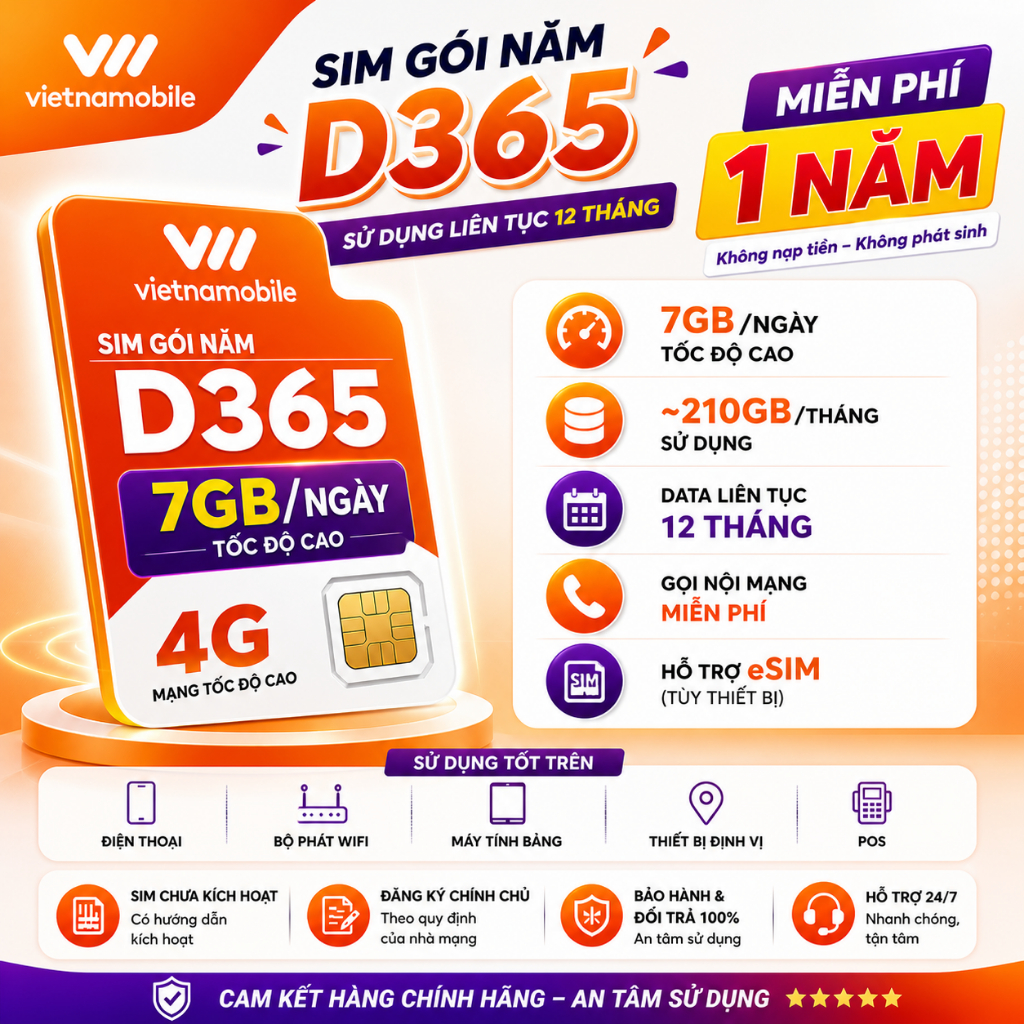 Sim 1 Năm 7GB/Ngày Vietnamobile – D365 – Data 12 tháng, nghe gọi ổn định, Hỗ trợ eSIM
