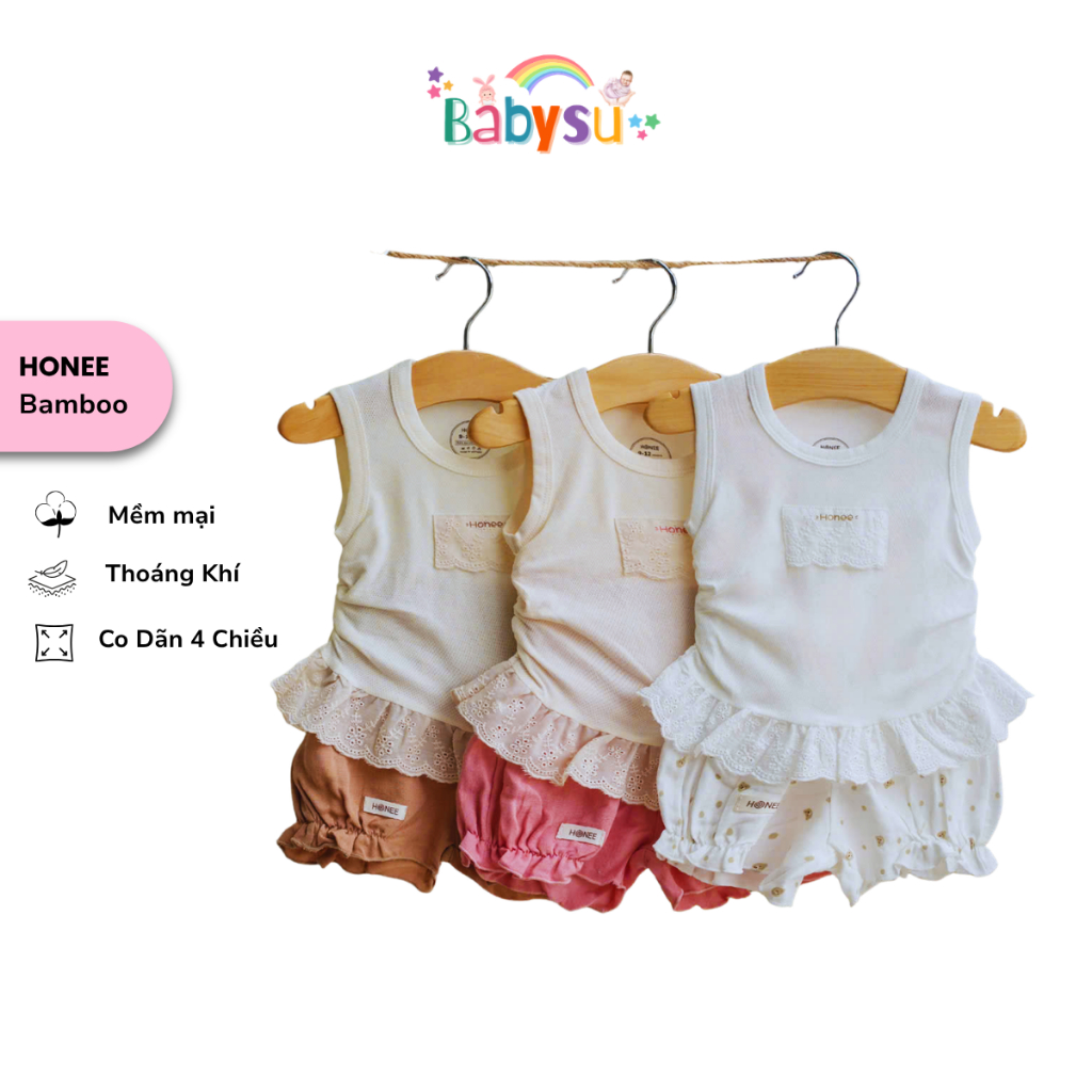 Bộ ba lỗ bé gái Honee Orris – Đồ bộ sơ sinh cotton mềm mát phối ren dễ thương cho bé 6-36 tháng