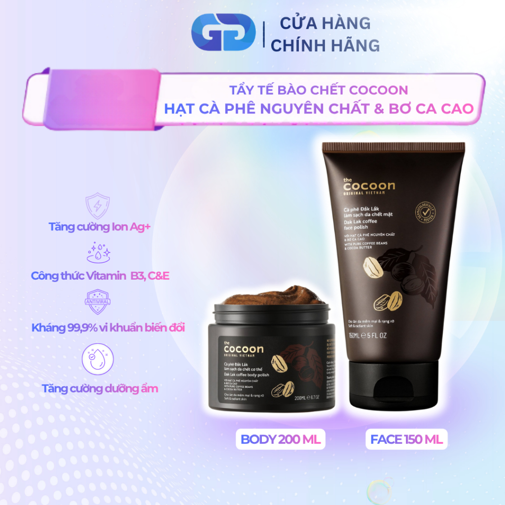 Combo Cocoon Tẩy tế bào chết cơ thể da mặt từ cà phê bơ cacao giúp da sáng mịn đều màu ttbc body fac