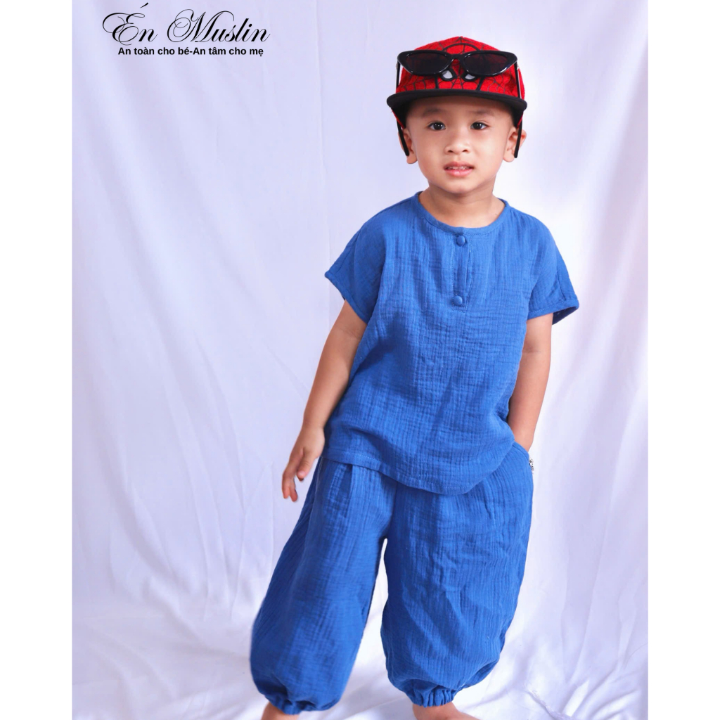 Bộ đồ cho bé trai vải muslin size từ 1 tuổi đến 8 tuổi, thoáng mát shop én muslin
