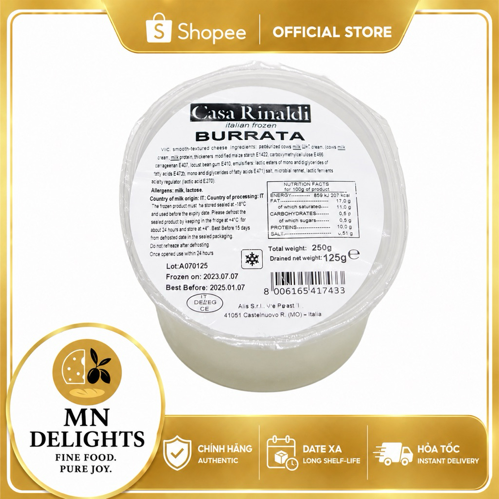 [HỎA TỐC] Phô Mai Burrata Đông Lạnh Casa Rinaldi 125g – Burrata Cheese Nhập Khẩu Ý, Nhân Kem Tan Chả