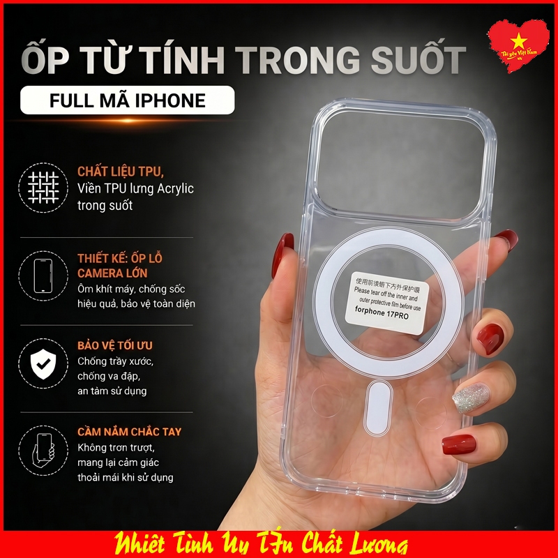 Ốp Lưng từ tính trong suốt iphone 16, IP 16 Plus, IP 16 Pro, IP 16 Pro Max, 16 E, ốp dẻo hạn chế ố