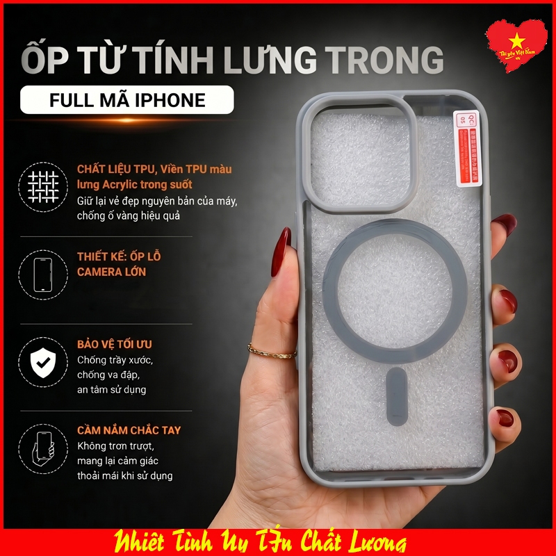 Ốp Lưng acrylic từ tính lưng trong suốt IPHONE 16, IP 16 Pro, IP 16 Plus, IP 16 E, IP 16 ProMax  lỗ 