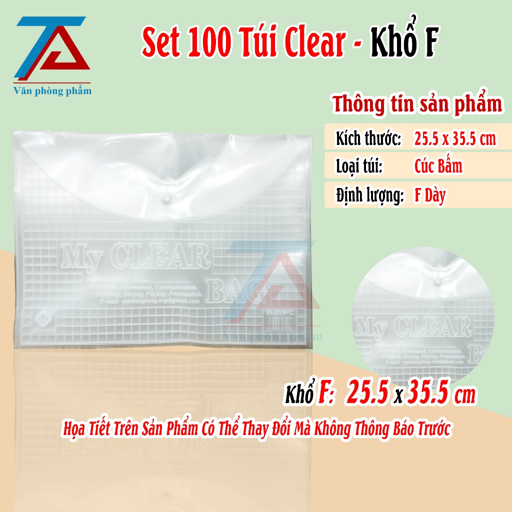 Set 100 Túi Clear Khổ F Loại Dày, Đựng Tài Liệu A4, Túi My Clear Trong Suốt - VPP Trường Anh