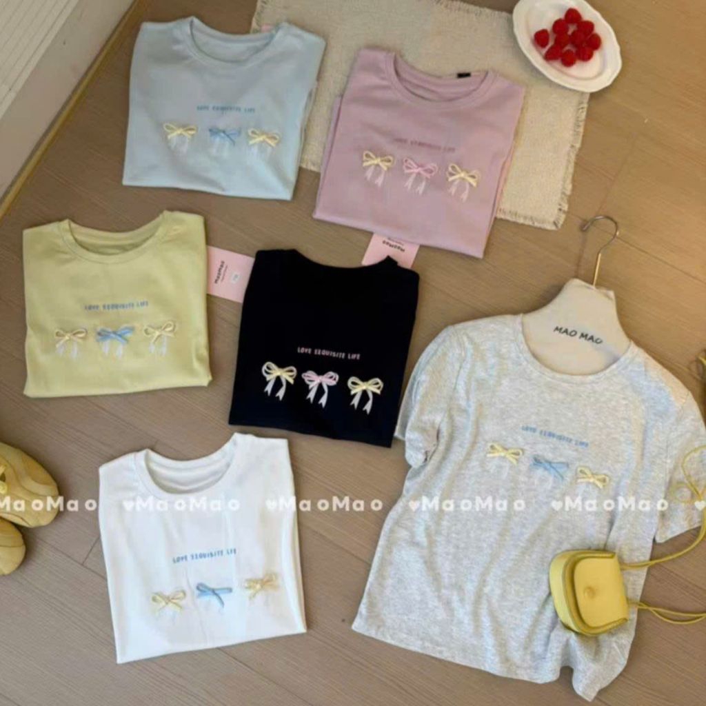 (Hàng QC-Bao Chất)#7722▫️Áo Pull Cổ Tròn Cộc Tay Đính Chữ LOVE EXQUISITE LIFE Nơ Bảng 6 Màu Cute Ulz