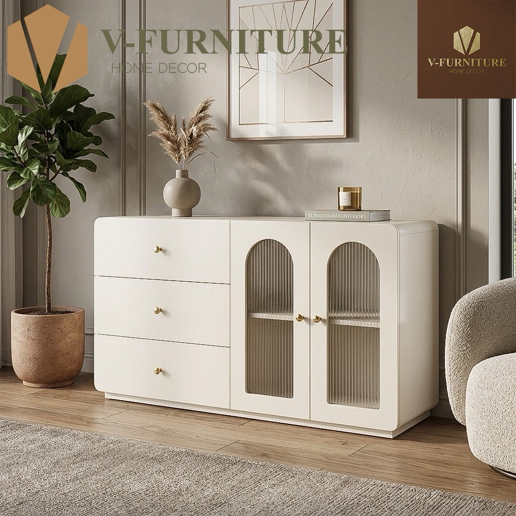 Tủ gỗ decor kính sóng, tủ trang trí phòng khách phòng ngủ, tủ đựng đồ nhiều ngăn KAYLE sang trọng, t