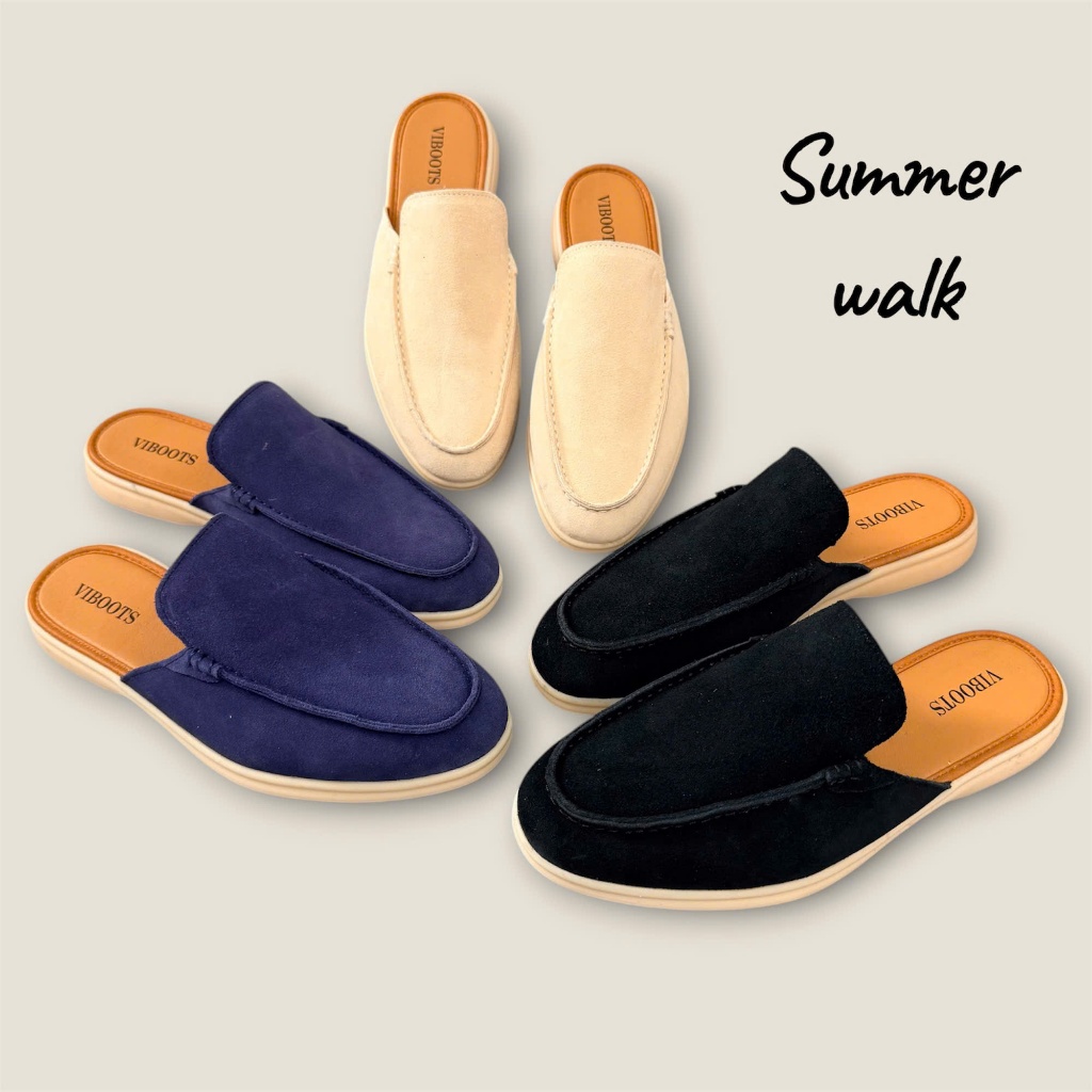 Giày Sục Summer Walk Da Bò Lộn Thương Hiệu Viboots Màu Đen Xanh Be Kiểu Dáng Công Sở Mũi Tròn