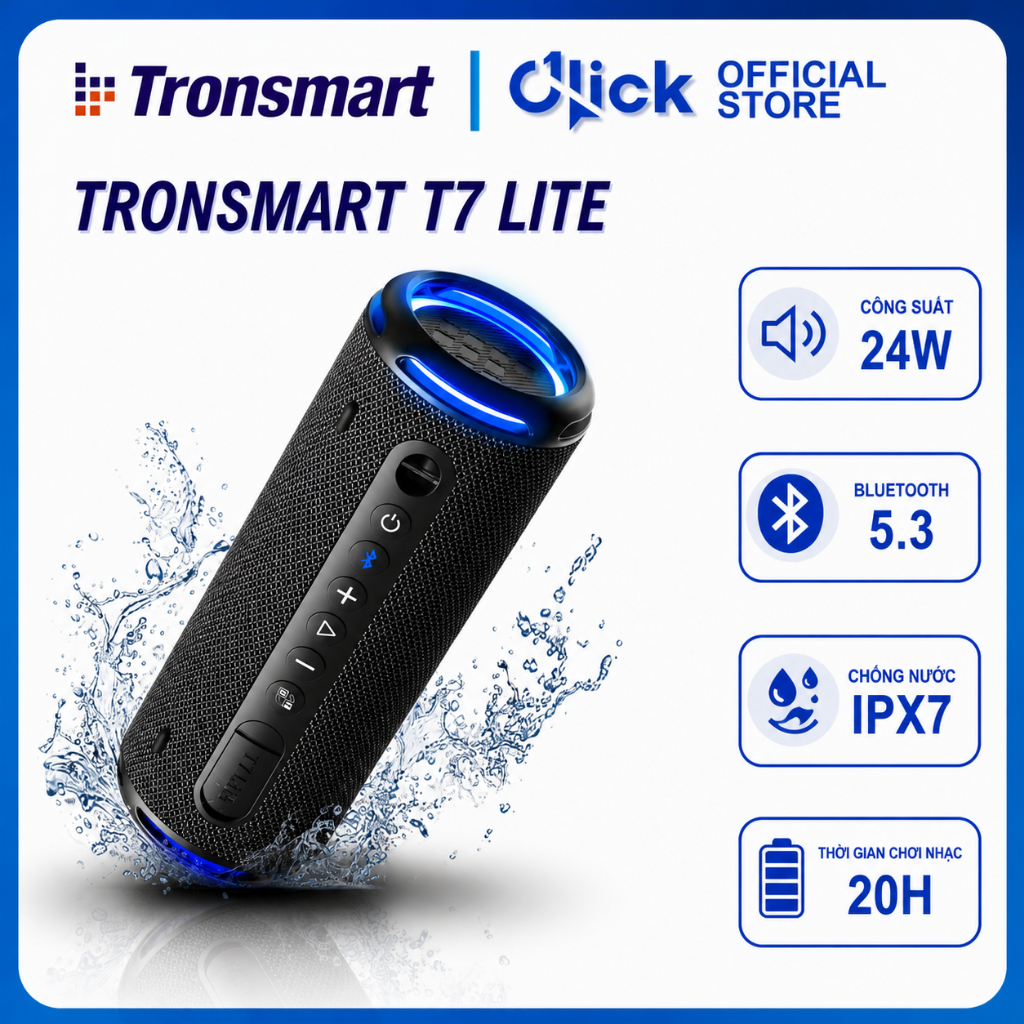 Loa bluetooth Tronsmart  T7 Lite 24W, LED RGB, chống nước IPX7, chơi nhạc lên tới 24h, ghép đôi loa 