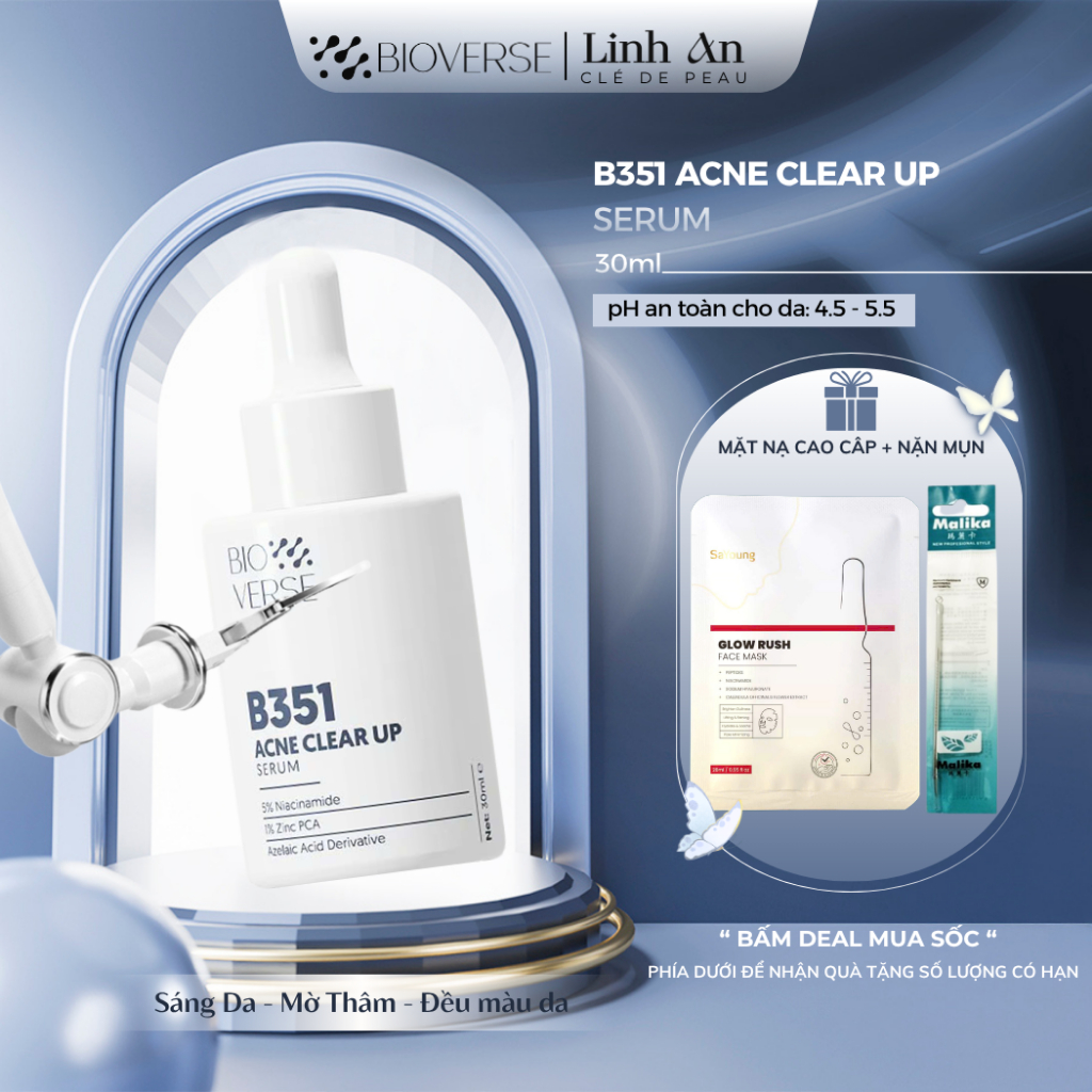 Tinh Chất Niacinamide 5% + Zinc 1% Hỗ Trợ Mụn Bioverse B351 Acne Clear Up Serum 30ml