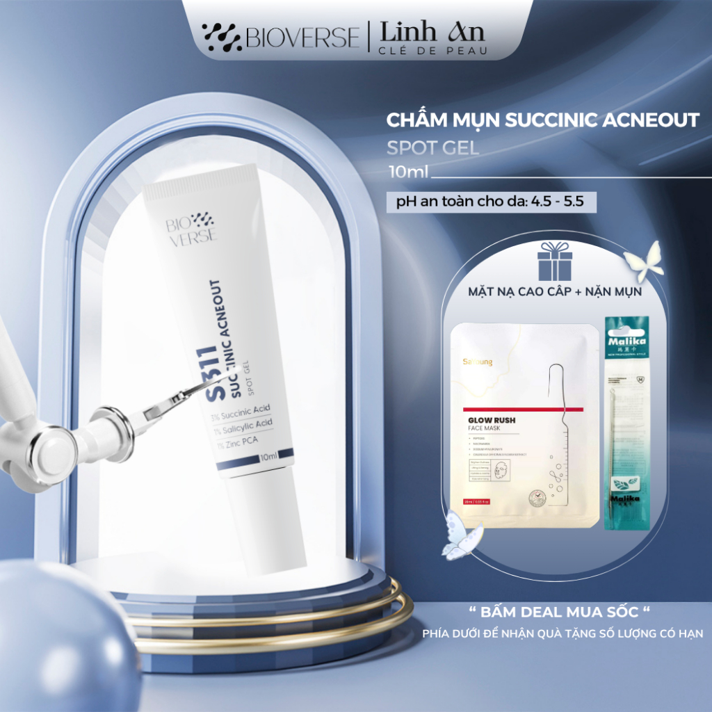 Gel chấm mụn 3%Succinic acid +1% Salicylic Acid hỗ trợ giảm khuẩn se còi mụn Bioverse S311 Succinic 