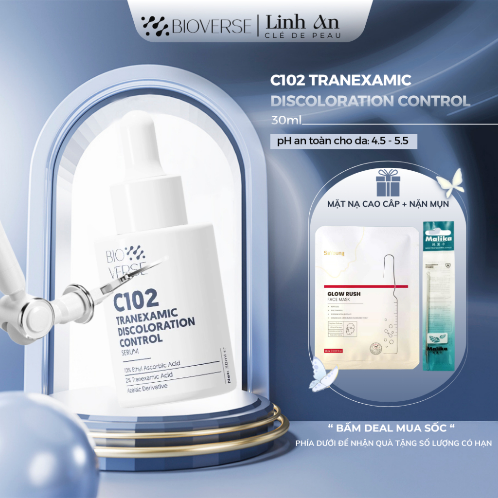 Tinh chất C102 Mờ thâm đỏ & Chống oxy hóa Bioverse C102 Tranexamic Discoloration Control Serum 30ml