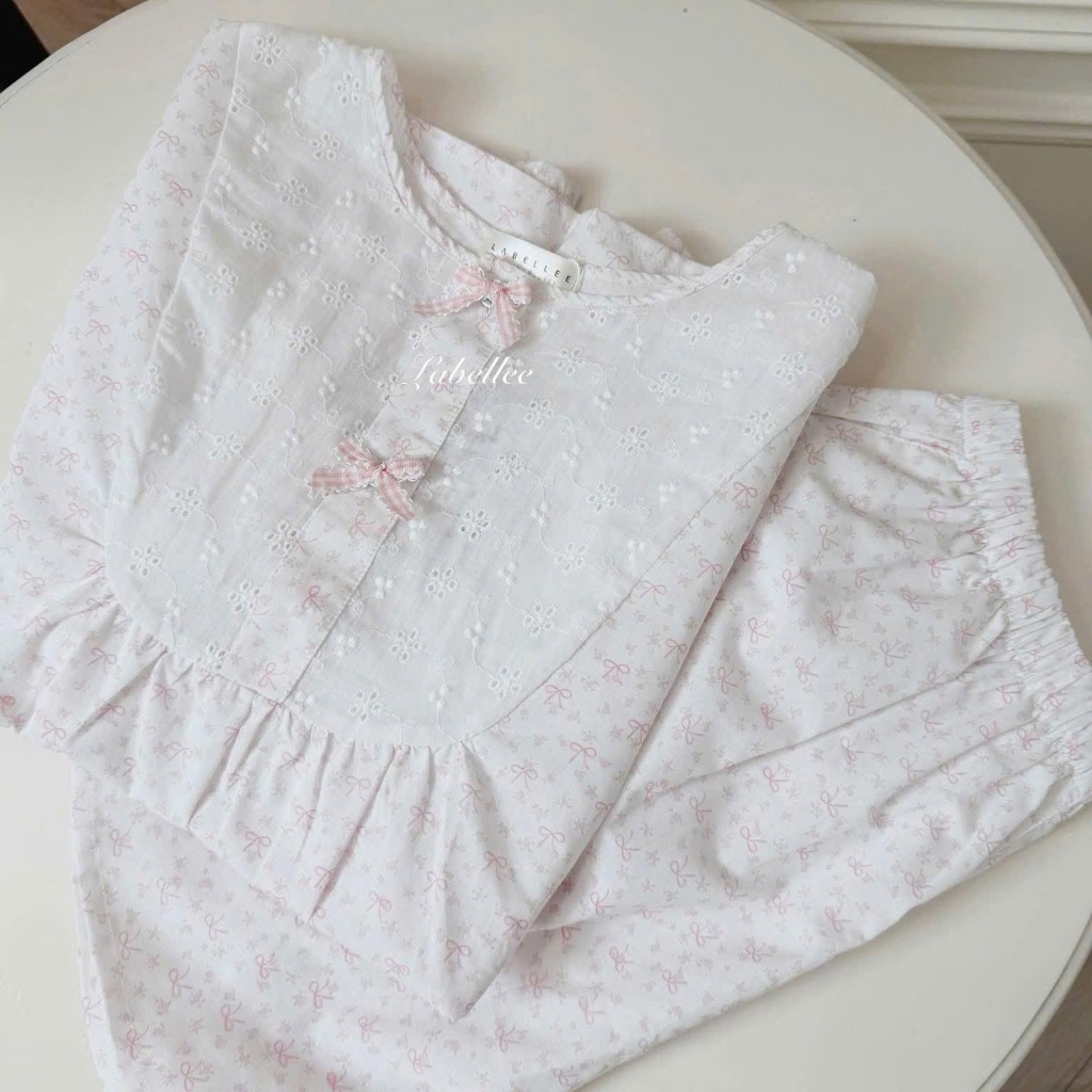 Bộ đồ ngủ ngắn tay họa tiết nơ Labellee vải cotton mềm mịn, thoáng mát
