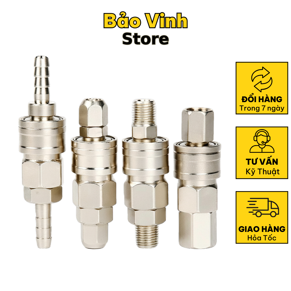 Bộ bi khớp nối nhanh hơi, đầu bi - đuôi bi tự động tốt ren Trong Ngoài 13mm, nối ống 8mm, đuôi chuột