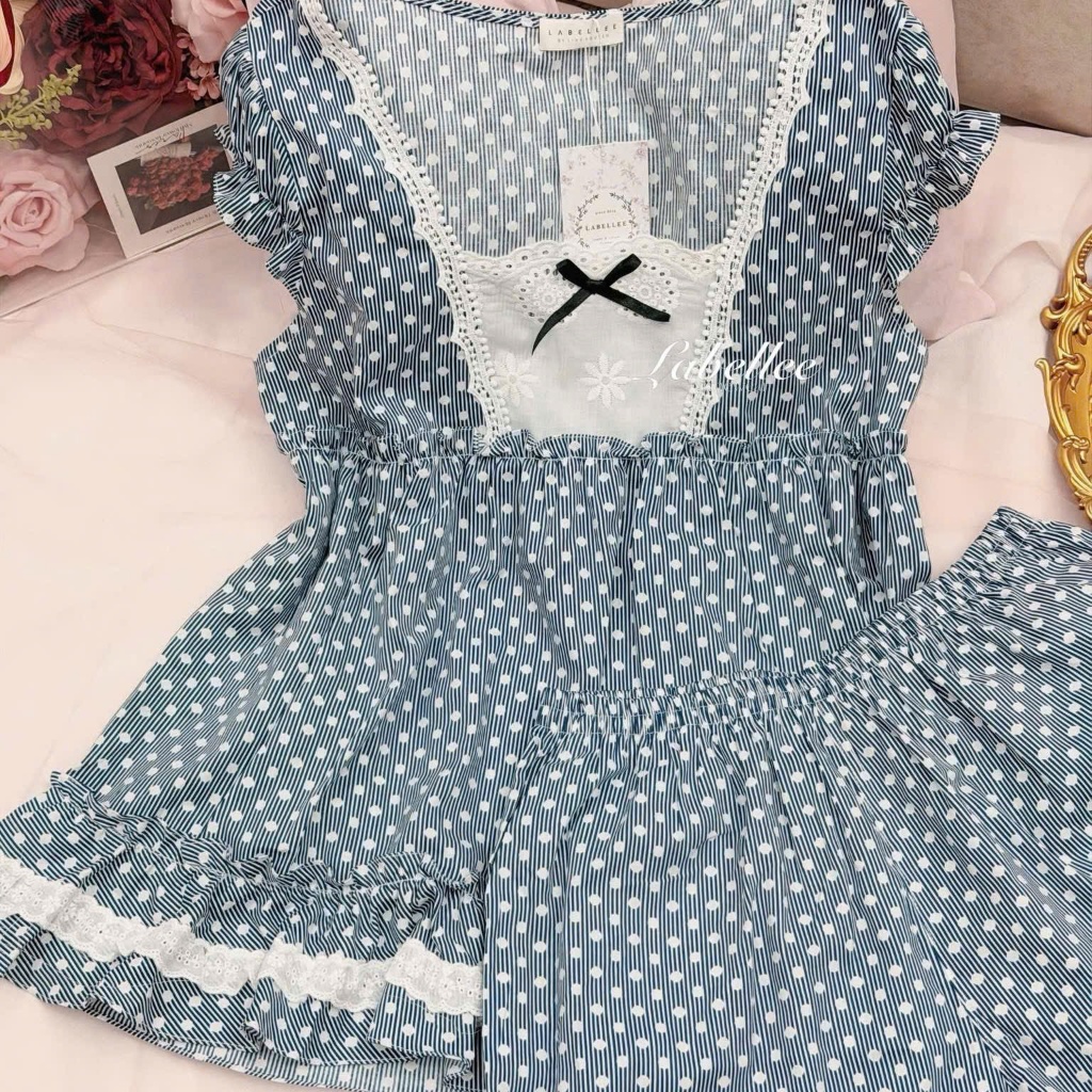 Bộ đồ ngủ ngắn tay chấm bi xanh Labellee vải cotton mềm mại, dễ thương