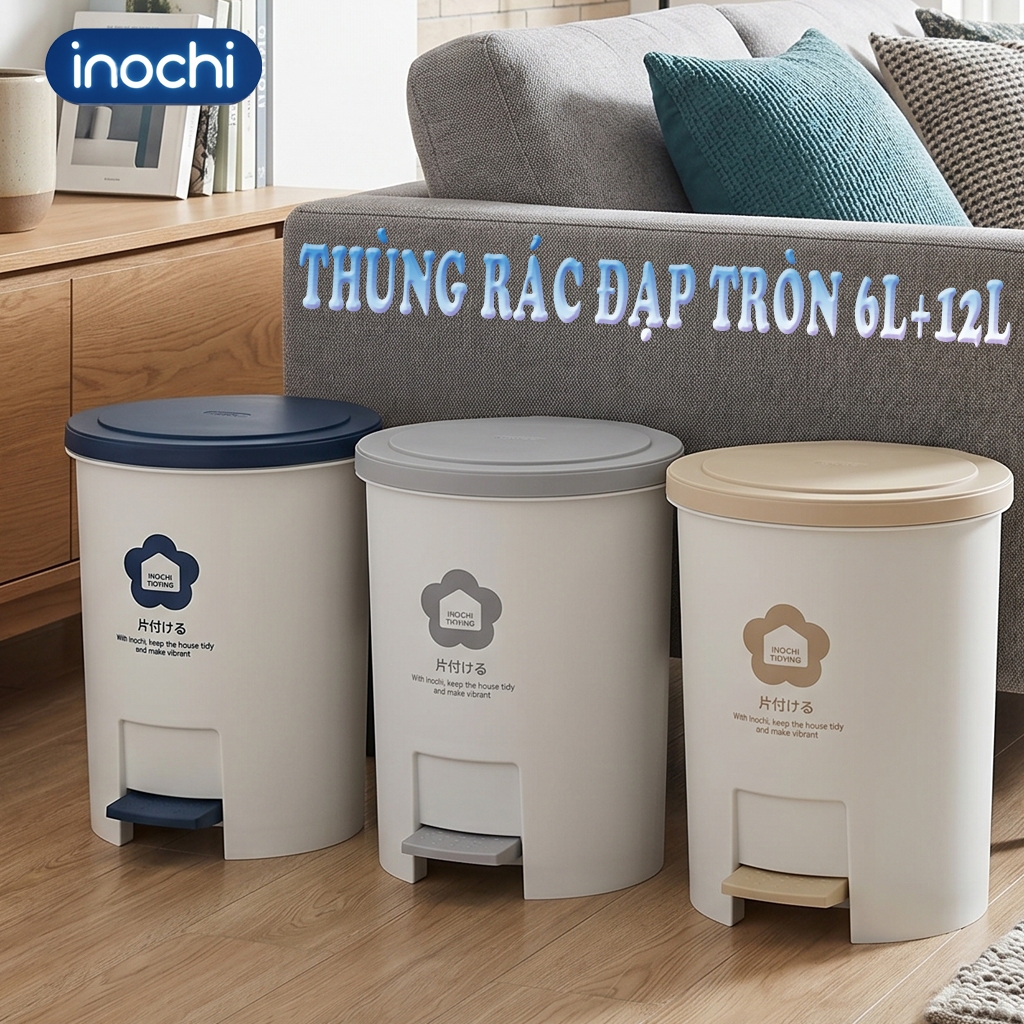 Thùng rác đạp tròn Inochi 6L, kháng khuẩn khử mùi Thân trong có quai inox chắc chắn