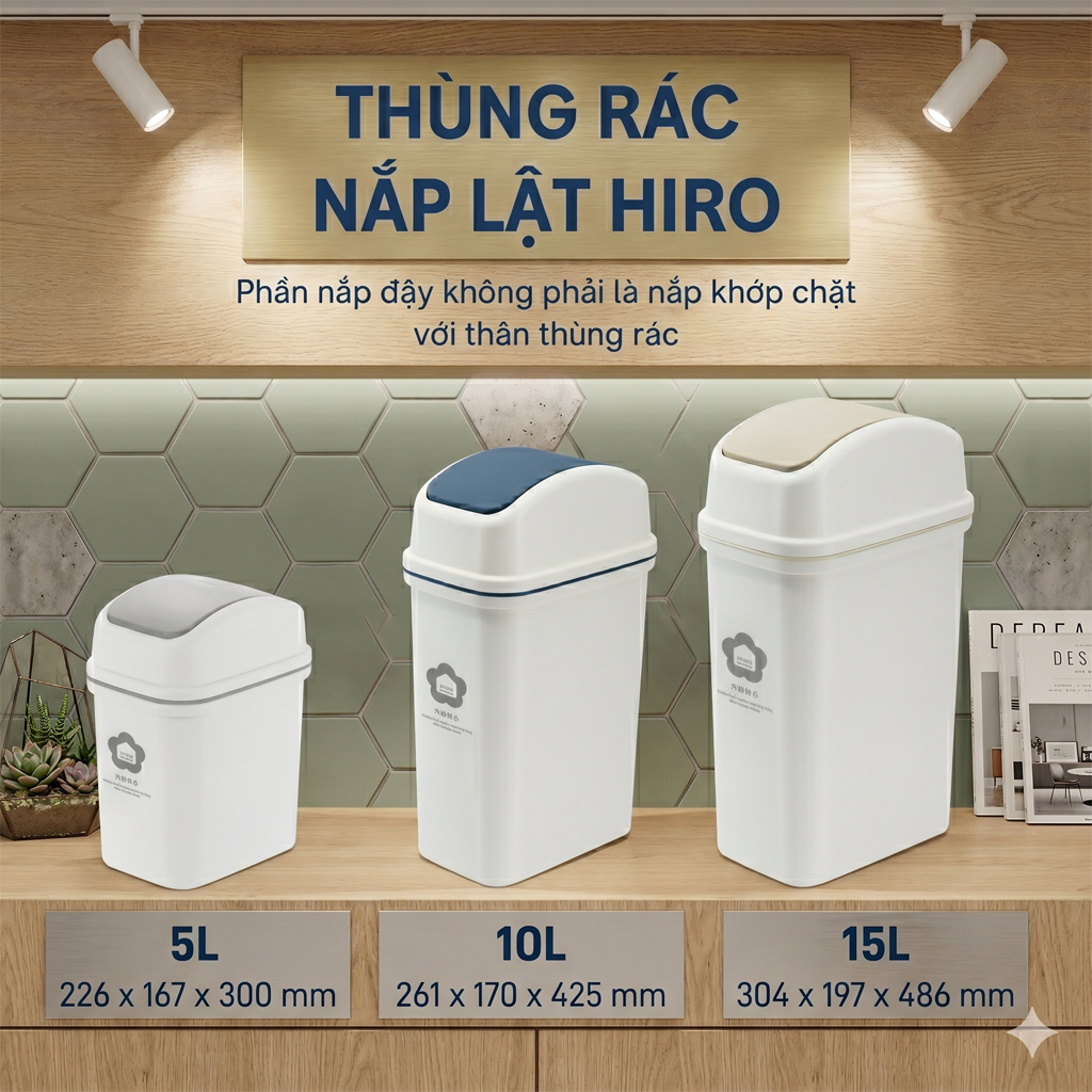 Thùng rác nắp lật Hiro 5_10_15L, chất liệu cao cấp, an toàn cho sức khỏe, Nắp lật dễ dàng vệ sinh