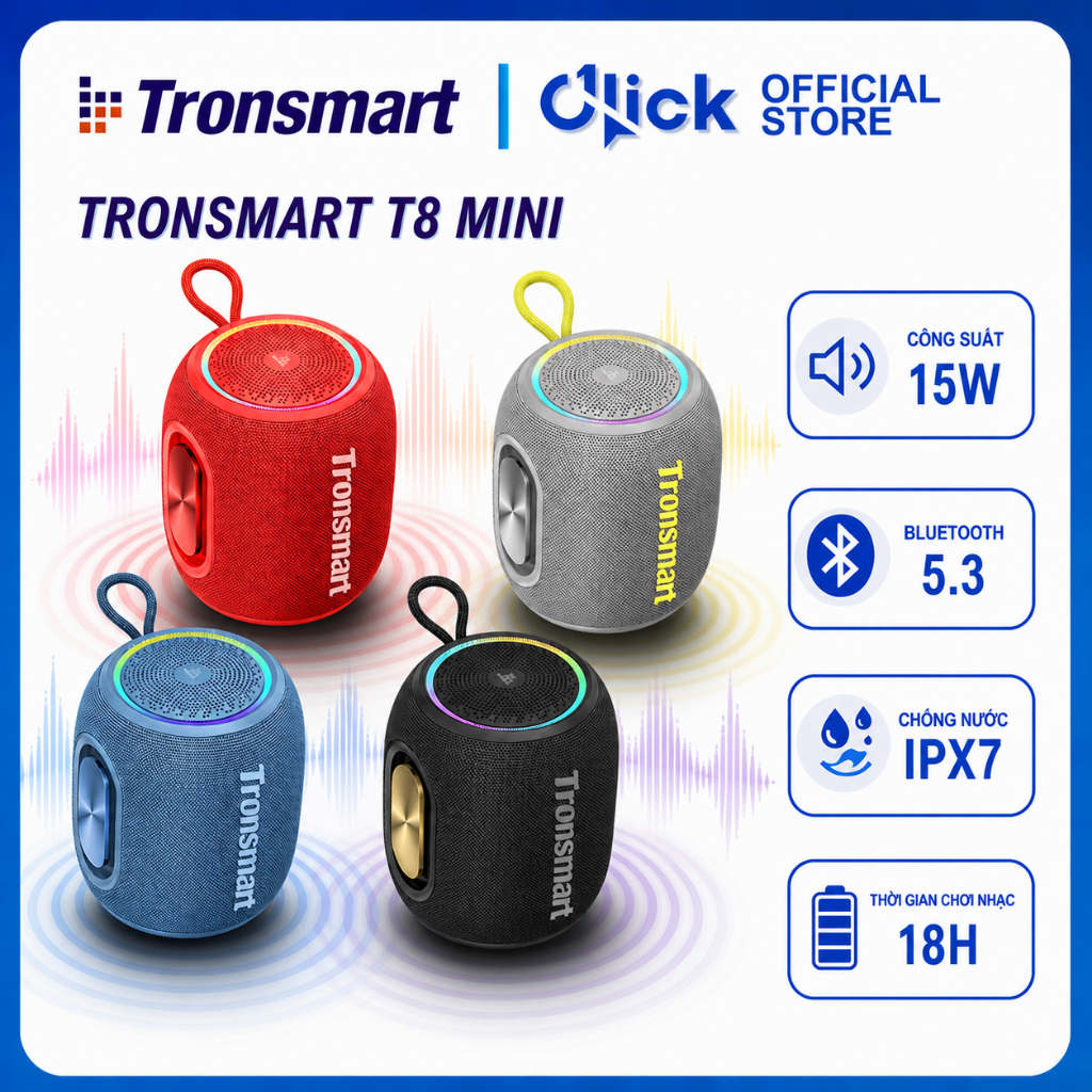 Loa bluetooth Tronsmart T8 Mini 15W, BLE 5.3, âm thanh vòm 360°, chống nước IPX7, nhỏ gọn, nghe nhạc