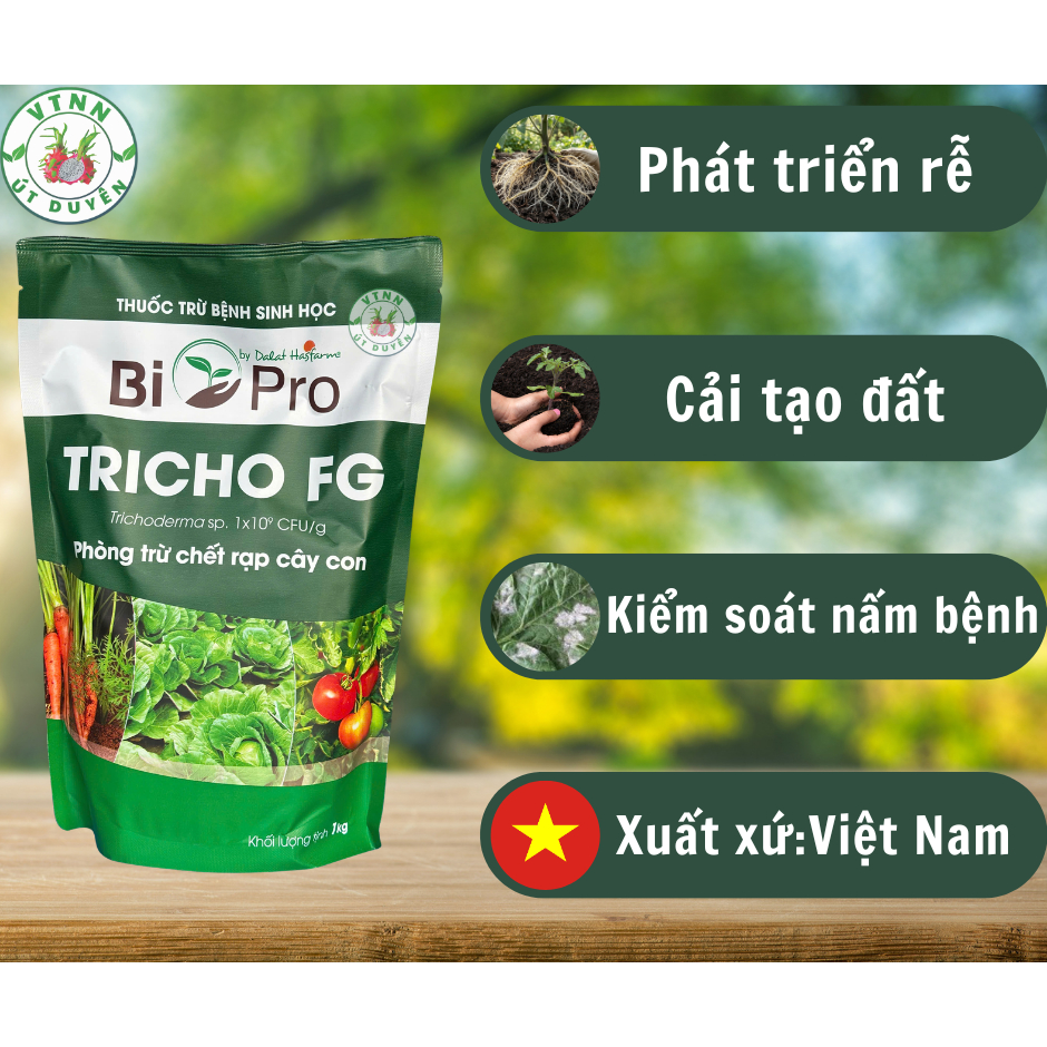 TRICHO FG Bi-Pro Dalat Hasfarm - Nấm đối kháng Trichoderma bảo vệ rễ, cải tạo đất. Gói 1kg