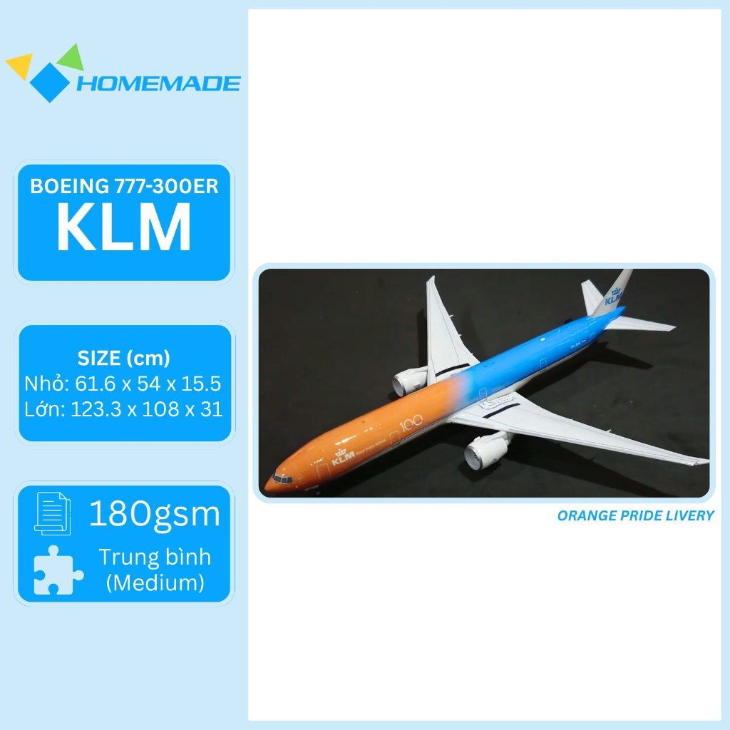 Bộ Kit Mô Hình Giấy Máy Bay Thương Mại Boeing 777-300ER KLM  "Orange Pride Livery"