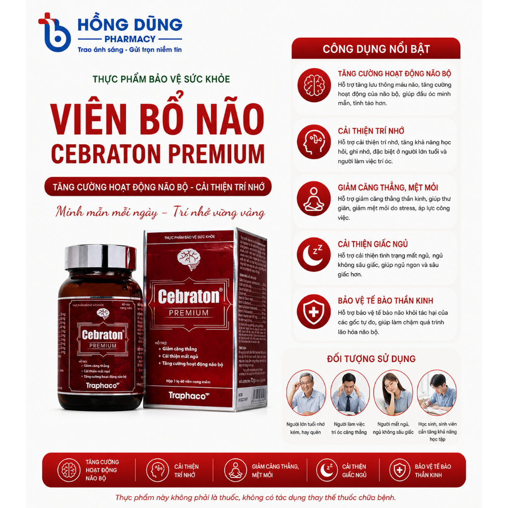 Cebraton Premium Traphaco, Viên Uống Bổ Não, Giảm Căng Thẳng, Cải Thiện Giấc Ngủ, Tăng Cường Trí Nhớ