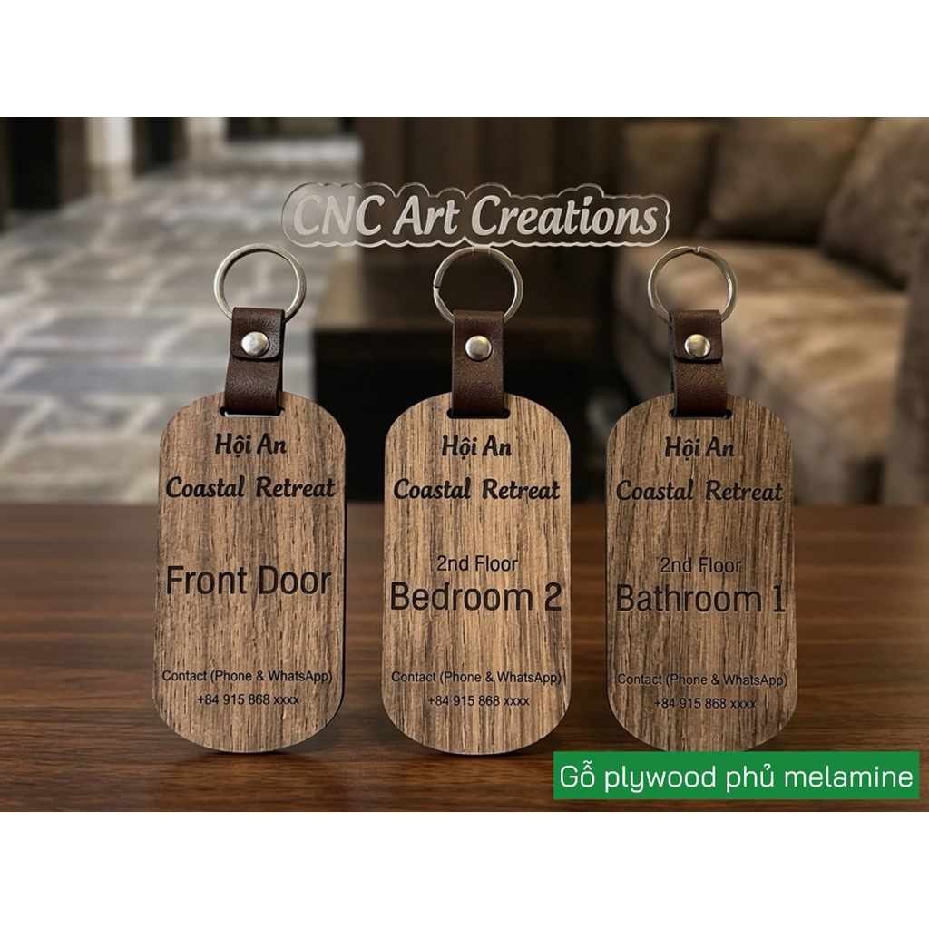Móc Khóa Homestay, Khách Sạn Gỗ Plywood Phủ Melamine màu nâu chữ đen Cao Cấp