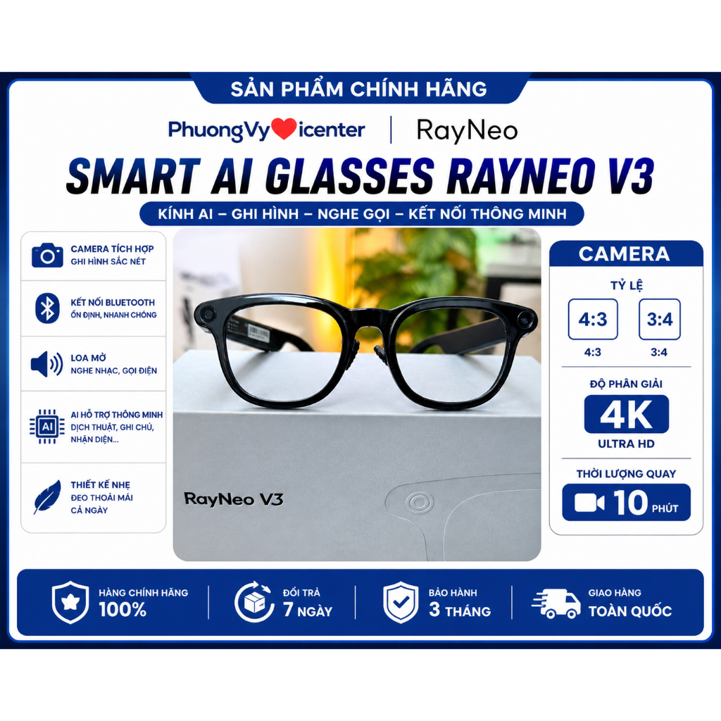 Kính Thông Minh RayNeo V3 - Smart AI Glasses | Camera POV 4K, Bluetooth, Nghe Gọi, AI Thông Minh