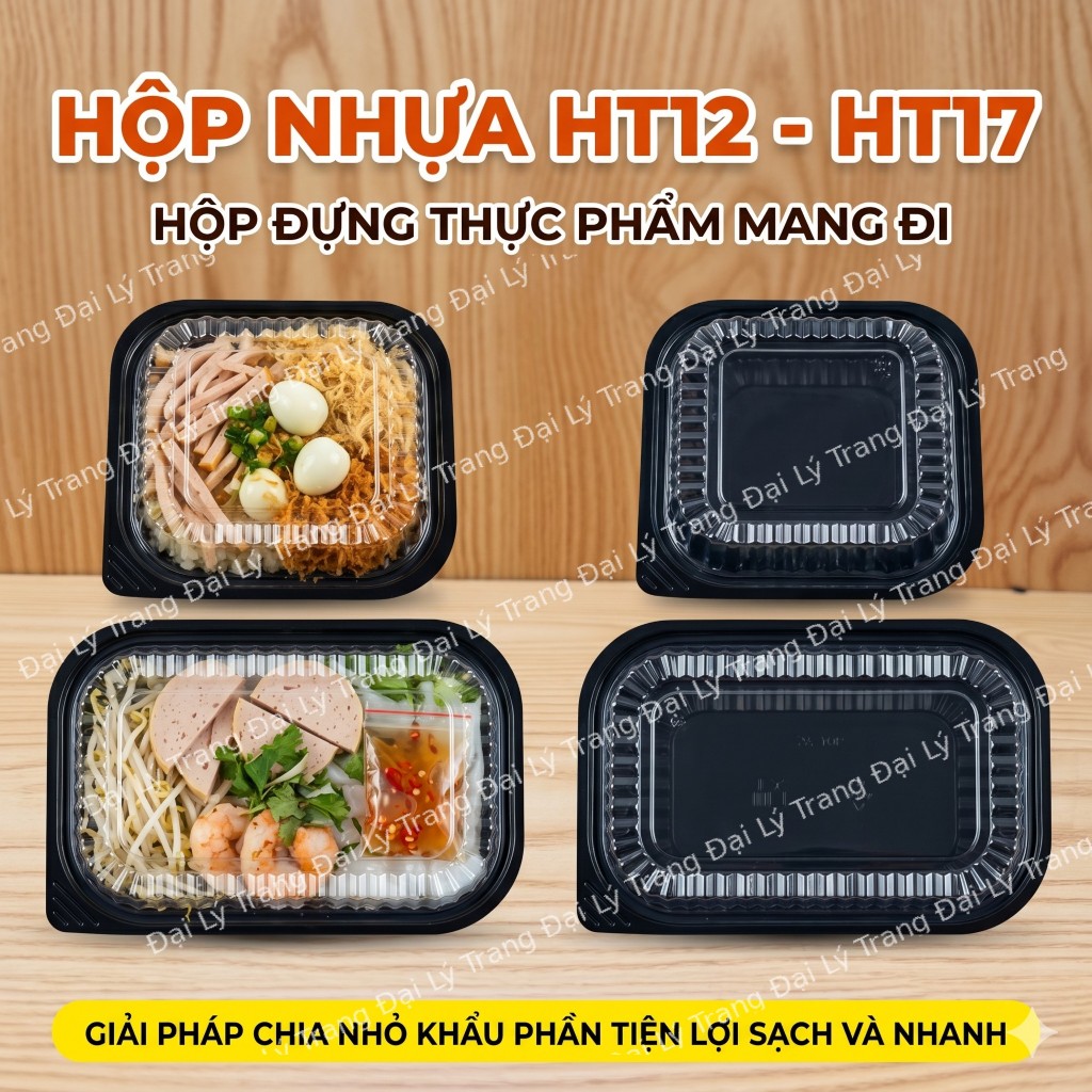 ( COMBO 250/500 )  Hộp nhựa đế đen take away – HT12 vuông + HT17 dài tiện lợi _ GIÁ SỈ