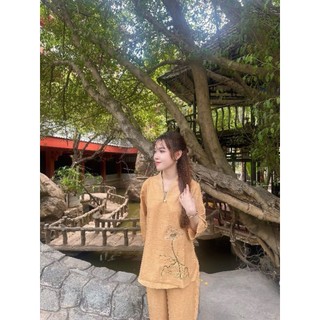 Nút ngọc vân mây set đồ bộ nữ vải co giãn nhẹ không nhăn có thêu