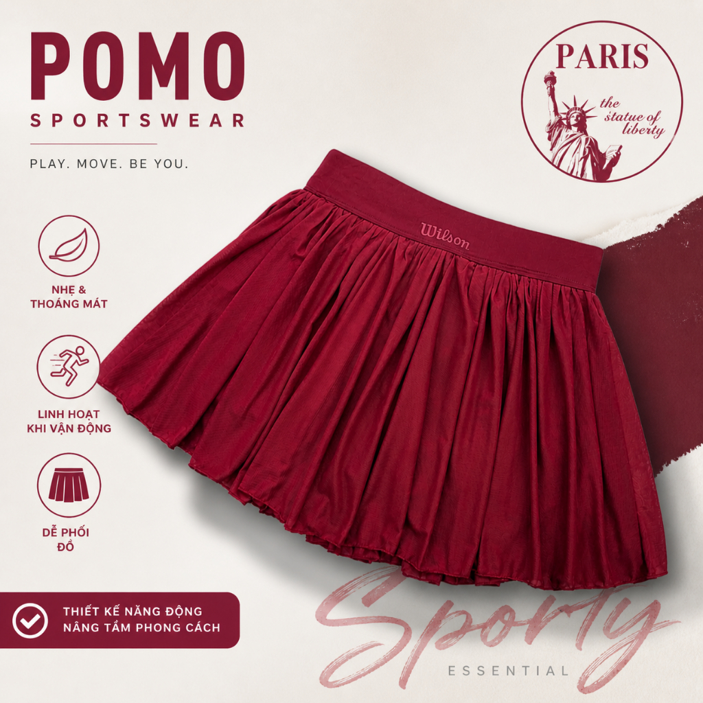 Chân váy thể thao nữ xếp ly POMO von mềm nhẹ tập pickleball, tennis, cầu lông, zumba , aerobic CV32