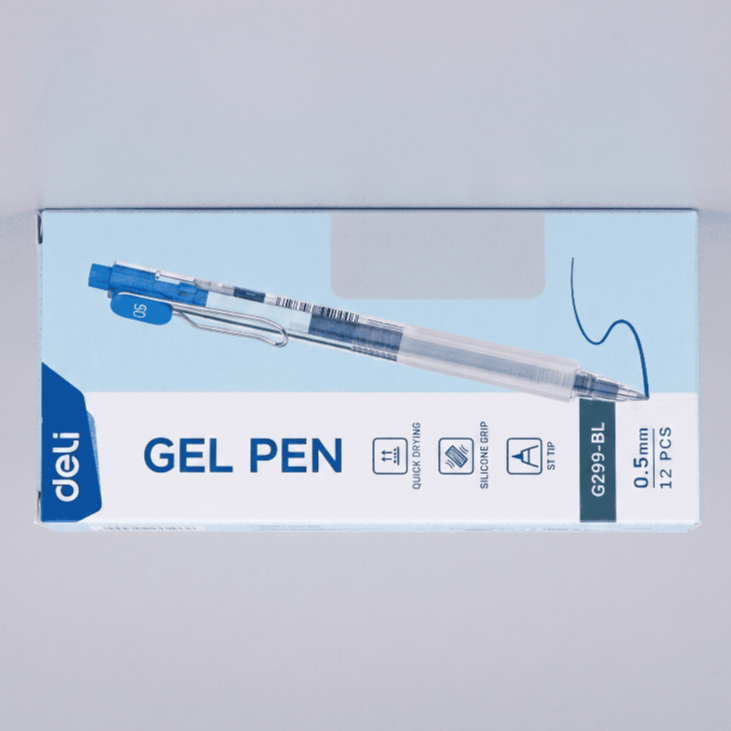 Hộp 12 Bút Gel Bấm Deli G299-BL Mực Xanh - Ngòi ST 0.5mm Nhanh Khô, Đệm Silicone