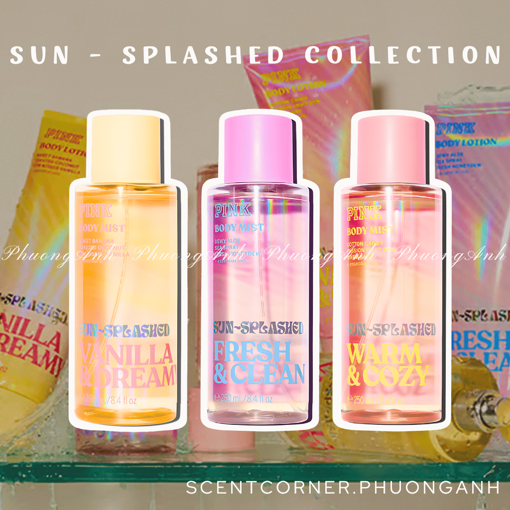 [ SUN-SPLASHED ] Warm & Cozy | Fresh & Clean | Vanilla Dreamy - Xịt thơm Body Mist PINK 250ml