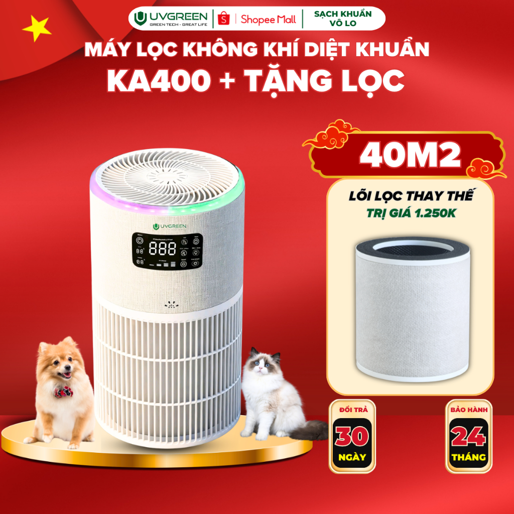 [HO] [TẶNG LỌC 1.250K] Máy Lọc Không Khí Cho Thú Cưng UVGREEN KA400 40m2, UVC LED & Ion Âm Diệt Khuẩ