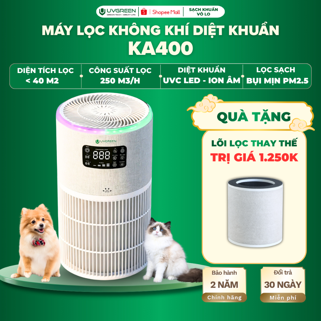 [VHL] [TẶNG LỌC 1.250K] Máy Lọc Không Khí Cho Thú Cưng UVGREEN KA400 40m2, UVC LED & Ion Âm Diệt Khu